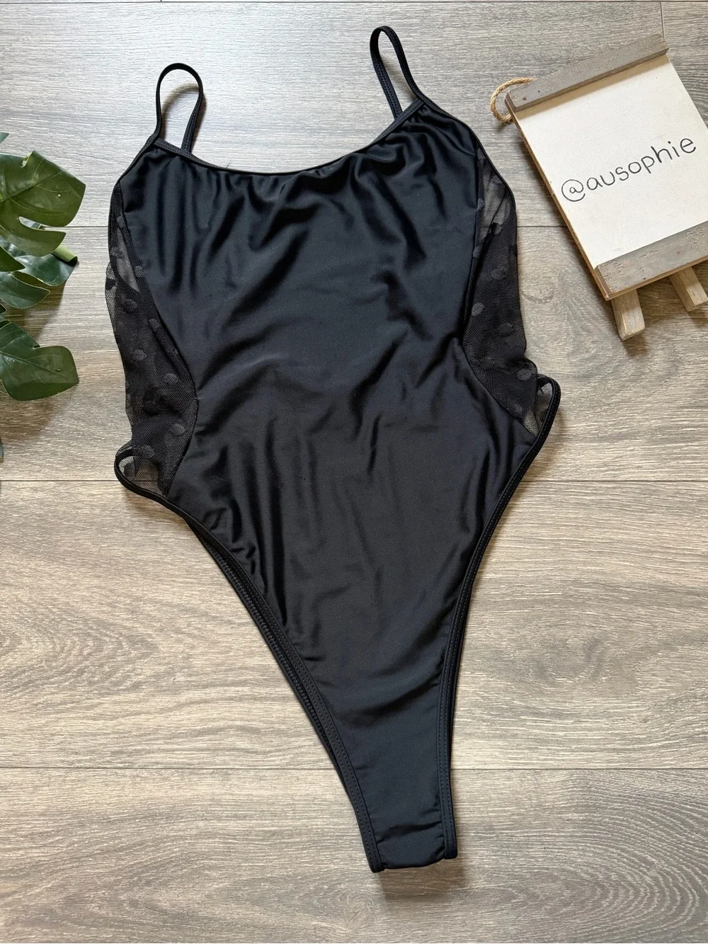 White Fox Swim Low Back Cheeky Black One Piece w Mesh Polka Dot Sides. Size S